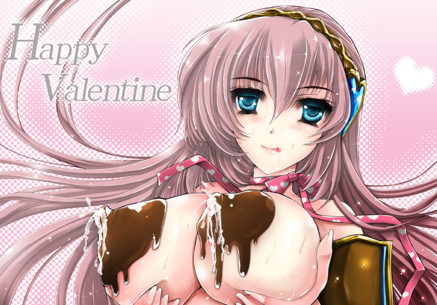 riria, megurine luka, vocaloid, breast hold, 1girl, aqua eyes, blush, breast lift, breasts, chocolate, female focus, happy valentine, lactation, large breasts, long hair, saliva, solo, tongue, topless female, valentine