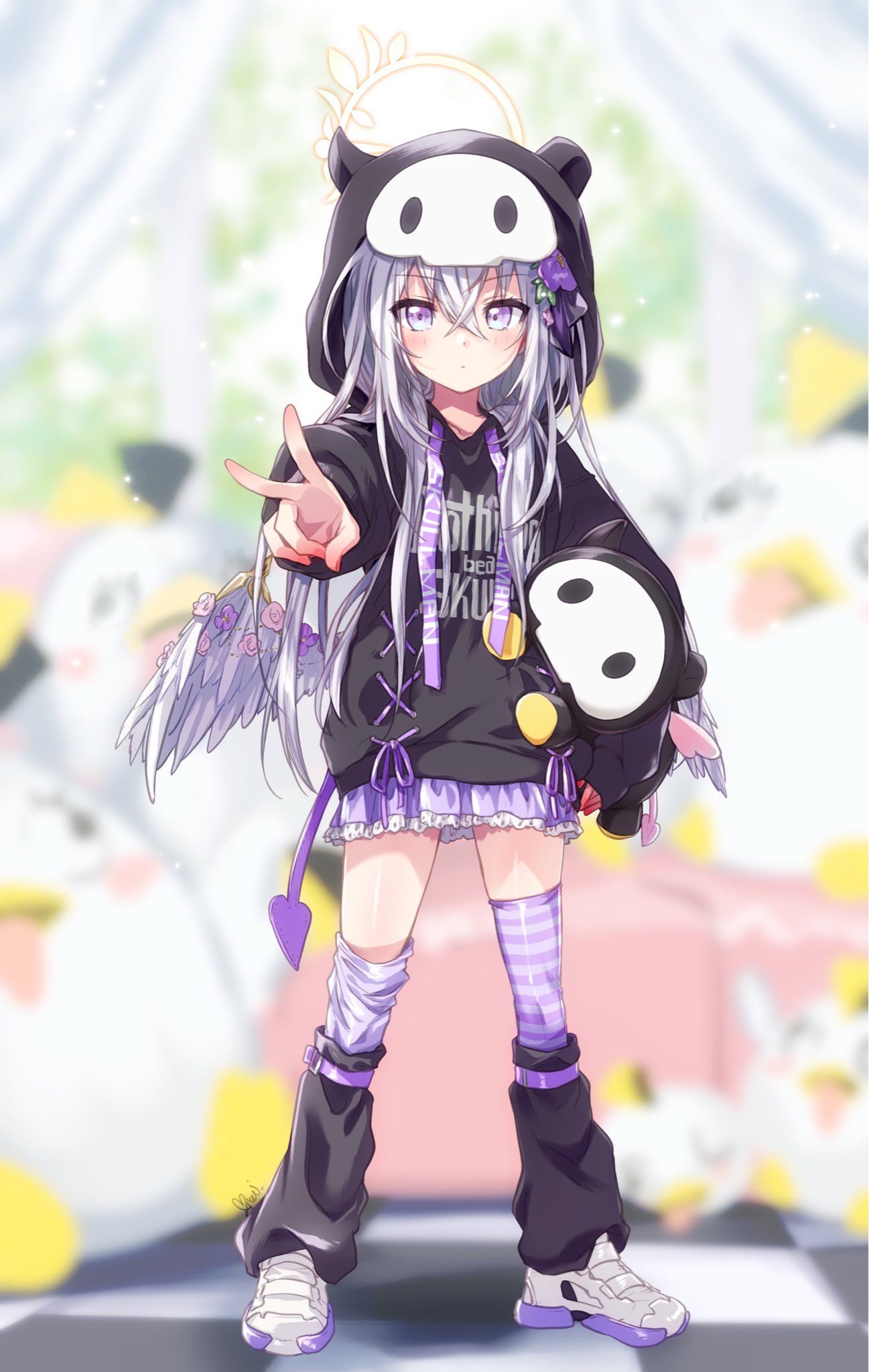 kuroi mimei, azusa (blue archive), skullman (blue archive), blue archive, commentary request, highres, 1girl, alternate costume, black hoodie, black socks, blurry, blurry background, blush, carrying, carrying under arm, closed mouth, clothes writing, crossed bangs, demon tail, fake tail, feathered wings, flower, frilled skirt, frills, frown, full body, hair between eyes, hair flower, hair ornament, hair over shoulder, halo, holding, holding stuffed toy, hood, hood up, hoodie, indoors, kneehighs, long hair, long sleeves, looking at viewer, loose socks, low wings, miniskirt, outstretched arm, purple eyes, purple flower, purple skirt, purple thighhighs, shoes, signature, skirt, socks, solo, standing, straight hair, striped clothes, striped thighhighs, stuffed toy, tail, thighhighs, v, white hair, white shoes, white wings, wings, yellow halo, zettai ryouiki
