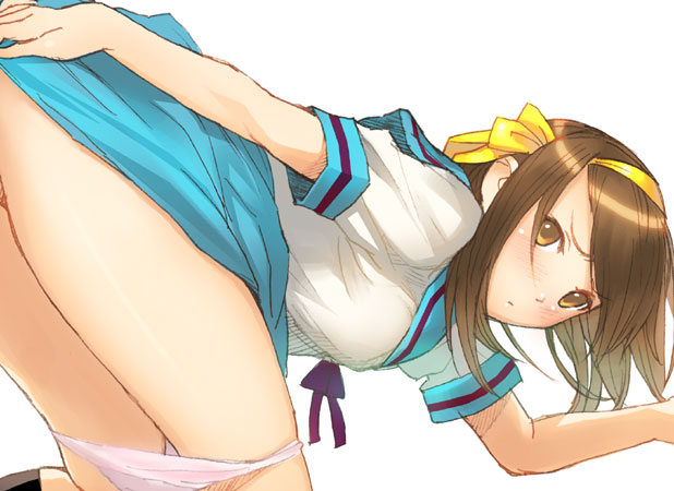 kage yuu, suzumiya haruhi, suzumiya haruhi no yuuutsu, bad id, bad pixiv id, 00s, 1girl, annoyed, bent over, blush, brown eyes, brown hair, clothes lift, female focus, frown, panties, panty pull, school uniform, serafuku, short hair, skirt, skirt lift, solo, top-down bottom-up, underwear, white panties