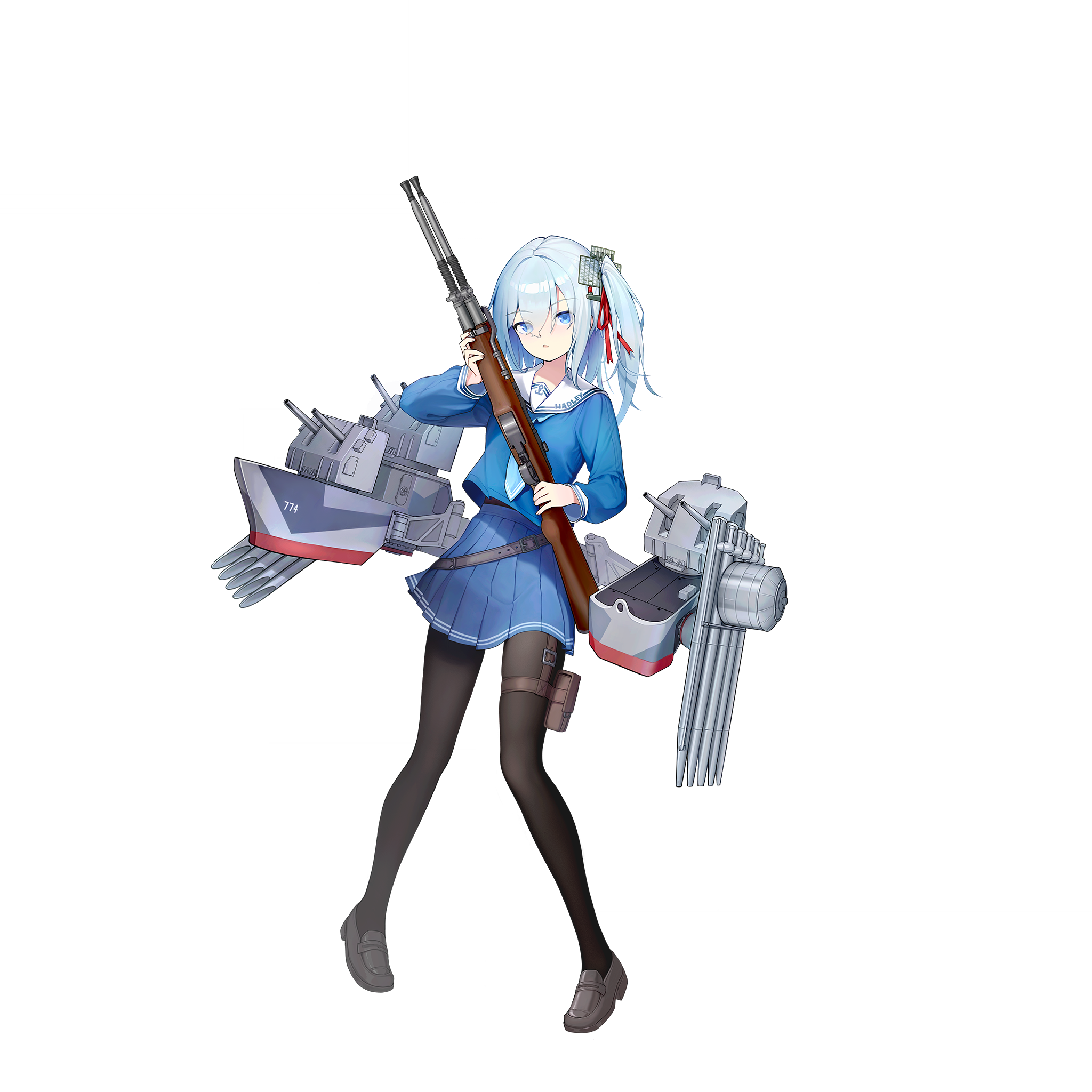 warship girls r, artist request, highres, official art, 1girl, anti-aircraft, anti-aircraft gun, autocannon, black pantyhose, black shoes, blue eyes, blue hair, blue neckerchief, blue serafuku, blue shirt, blue skirt, bofors 40 mm gun, cannon, full body, gun, hair ribbon, holding, holding gun, holding weapon, hugh w. hadley (warship girls r), long sleeves, looking at viewer, m1 garand, mary janes, neckerchief, pantyhose, pigeon-toed, pleated skirt, red ribbon, ribbon, rifle, rigging, sailor collar, school uniform, serafuku, ship turret, shirt, shoes, side ponytail, skirt, solo, torpedo tubes, transparent background, weapon, white sailor collar