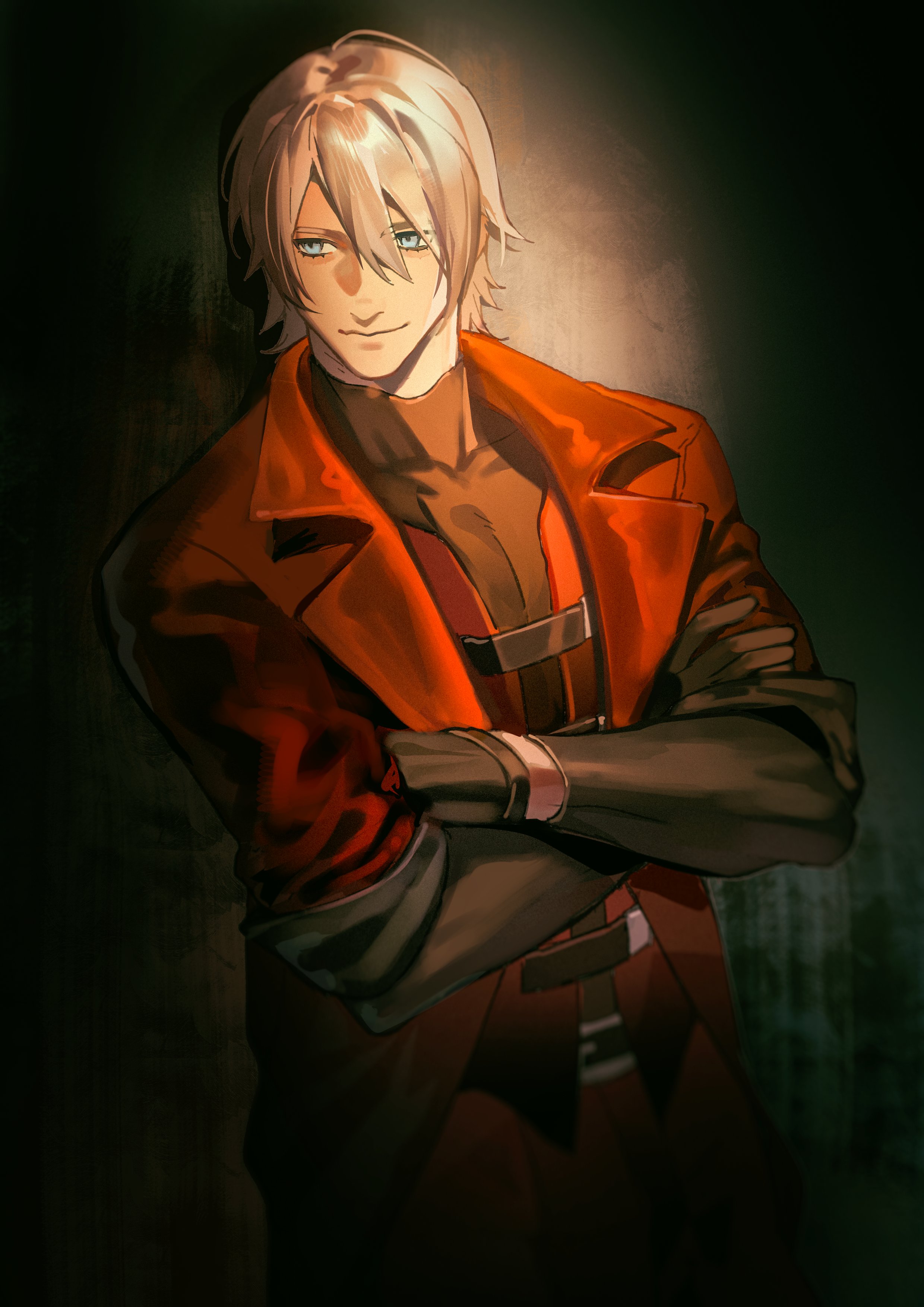 jiuyuansi (hierro boat), dante (devil may cry), devil may cry (series), devil may cry 1, absurdres, highres, 1boy, black gloves, black shirt, blue eyes, closed mouth, cowboy shot, crossed arms, gloves, grey hair, hair between eyes, jacket, light smile, male focus, red jacket, red vest, rolling eyes, shirt, short hair, solo, turtleneck, upper body, vest