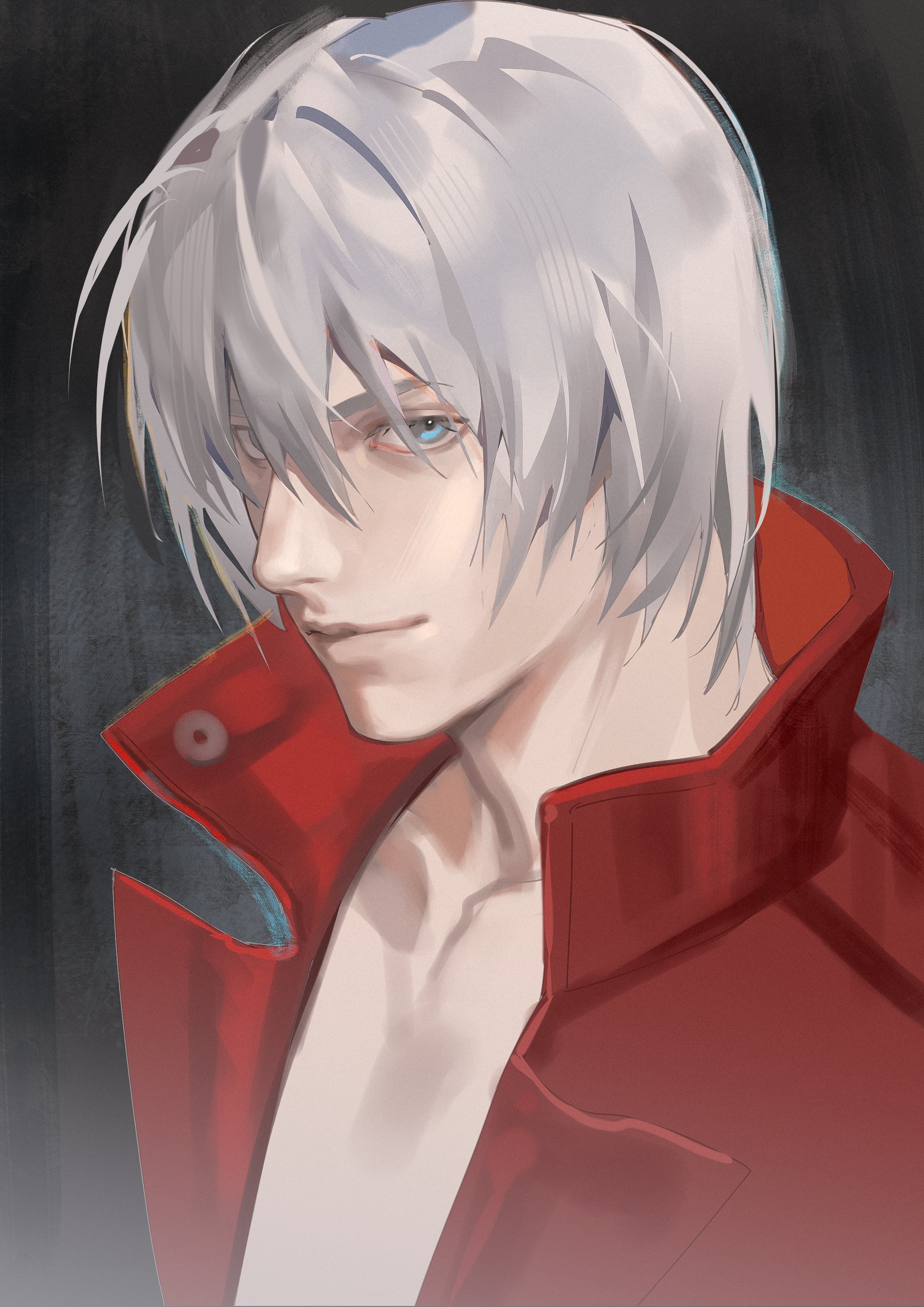 jiuyuansi (hierro boat), dante (devil may cry), devil may cry, devil may cry (series), devil may cry 3, absurdres, highres, 1boy, blue eyes, closed mouth, coat, collarbone, grey background, hair between eyes, light smile, looking at viewer, male focus, portrait, red coat, short hair, simple background, solo, upper body, white hair