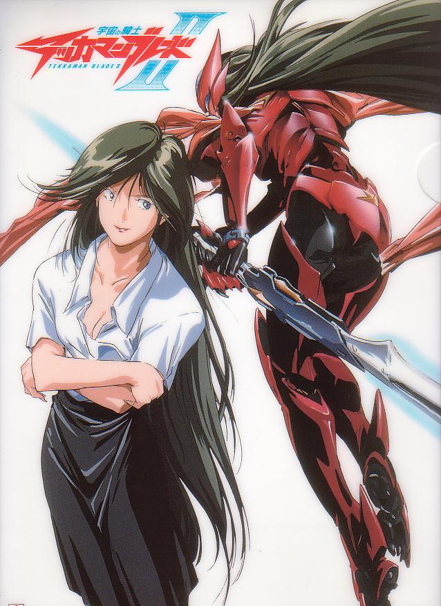 kisaragi aki, tekkaman aki, tekkaman blade, tekkaman blade ii, official art, scan, 1990s (style), 1girl, breasts, cleavage, long hair, mecha, retro artstyle, robot, super robot