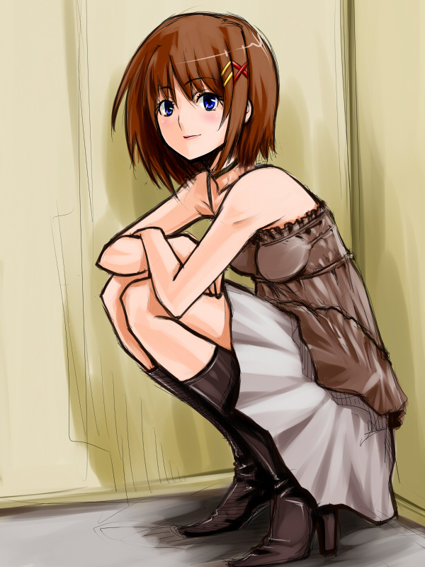 xunipo, yagami hayate, lyrical nanoha, mahou shoujo lyrical nanoha, mahou shoujo lyrical nanoha strikers, 00s, 1girl, bare shoulders, blue eyes, boots, brown hair, casual, choker, crossed arms, fashion, female focus, hair ornament, hairclip, high heels, shoes, short hair, skirt, solo, squatting, x hair ornament