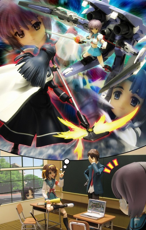 asakura ryoko, bardiche (haken form) (nanoha), bardiche (nanoha), fate testarossa, fate testarossa (impulse form), kyon, nagato yuki, suzumiya haruhi, suzumiya haruhi no yuuutsu, photo (medium), 00s, 1boy, 4girls, computer, computer keyboard, energy blade, figure, figure (medium), imagining, laptop, multiple girls, scythe