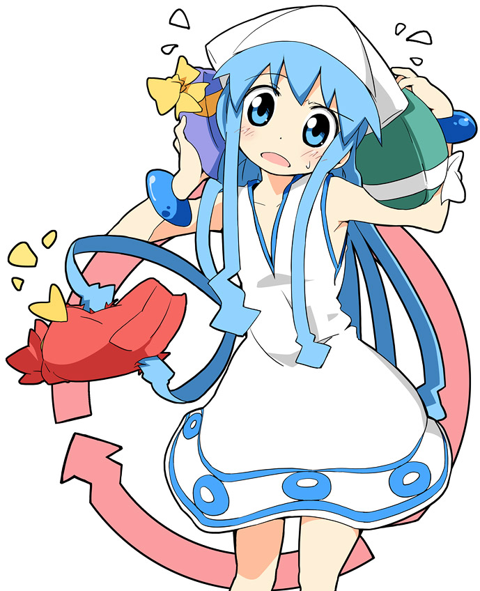 ixy, ikamusume, shinryaku! ikamusume, 1girl, blue eyes, blue hair, female focus, hat, long hair, prehensile hair, solo, tentacle hair, valentine, very long hair
