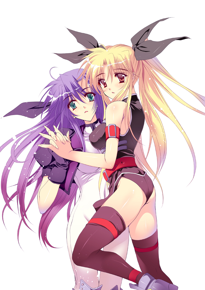 tamiya akito, fate testarossa, fate testarossa (true sonic form), ginga nakajima, lyrical nanoha, mahou shoujo lyrical nanoha, mahou shoujo lyrical nanoha strikers, 00s, 2girls, ass, blonde hair, blush, breast press, breasts, green eyes, hair ribbon, long hair, multiple girls, purple hair, red eyes, ribbon, symmetrical docking, thighhighs, twintails
