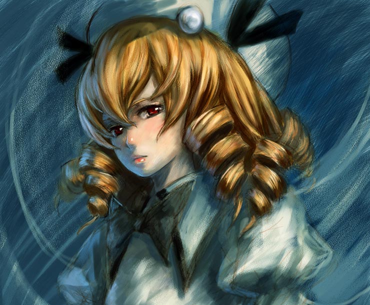 binayu, luna child, eastern and little nature deity, touhou, touhou sangetsusei, 1girl, blonde hair, drill hair, female focus, hat, head tilt, red eyes, solo, white hat