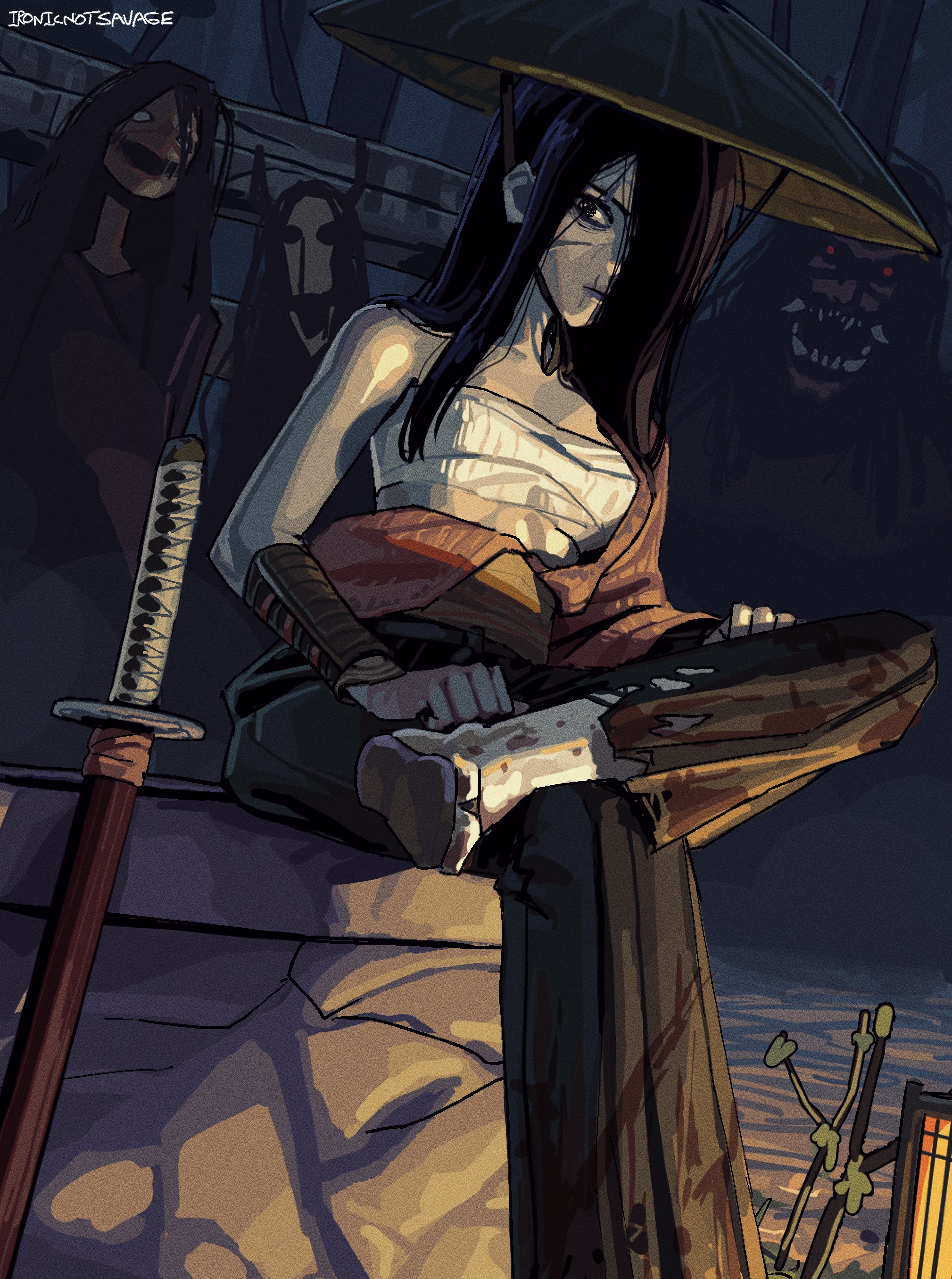 ironicnotsavage, yamamura sadako, the ring, absurdres, highres, 1girl, bandages, bare shoulders, black hair, breasts, budget sarashi, chest sarashi, cleavage, hair over one eye, japanese clothes, katana, large breasts, long hair, looking at viewer, navel, open mouth, samurai, sarashi, scar, sheath, solo focus, sword, very long hair, weapon
