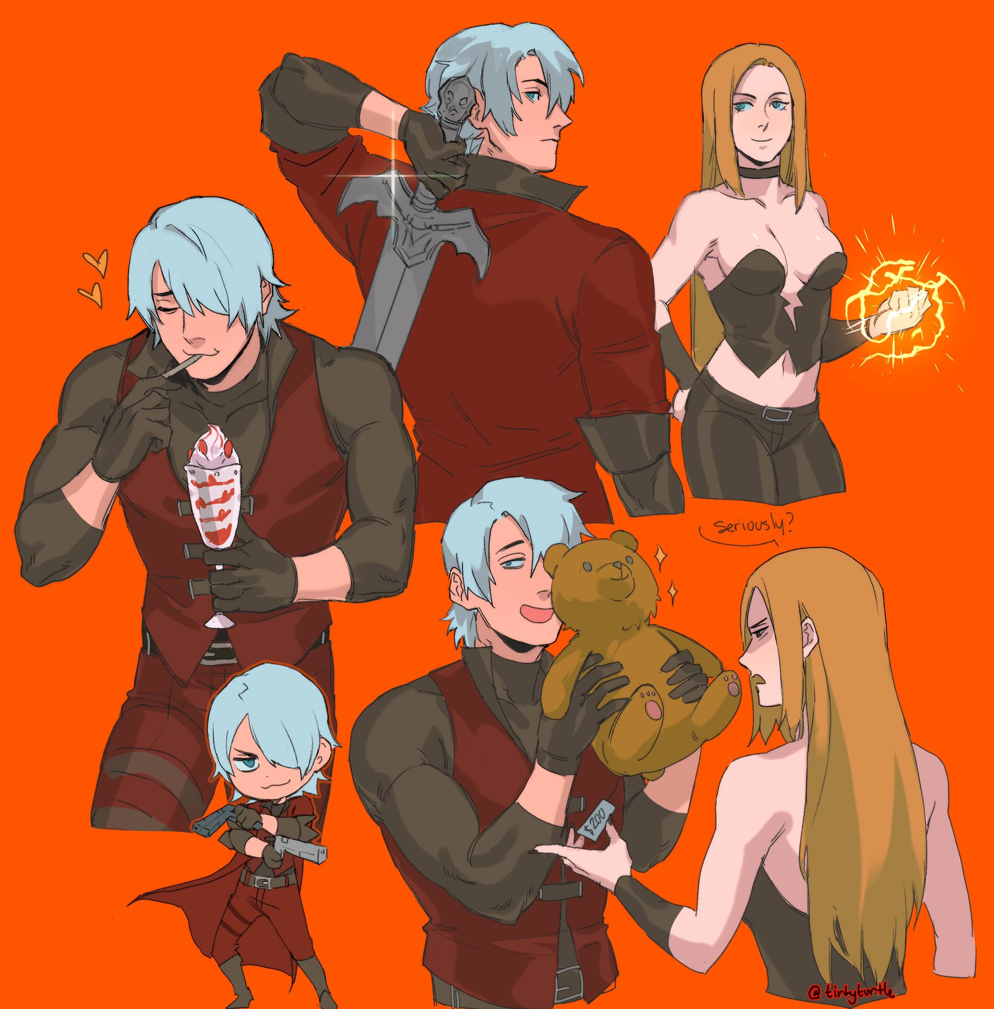 tirtyturtle, dante (devil may cry), trish (devil may cry), devil may cry (series), devil may cry 1, highres, bare shoulders, black bustier, black choker, black gloves, black shirt, blonde hair, blue eyes, breasts, bustier, chibi, chibi inset, choker, cleavage, clenched hand, dual wielding, eating, english text, fancy dessert, fighting stance, furrowed brow, gloves, grey hair, gun, hair over one eye, holding, holding gun, holding sword, holding weapon, jacket, light smile, long hair, looking at another, medium breasts, midriff, multiple views, navel, open mouth, orange background, pants, parted bangs, red jacket, red pants, red vest, shirt, short hair, smile, sparkle, stuffed animal, stuffed toy, sword, sword on back, teddy bear, twitter username, upper body, vest, weapon, weapon on back