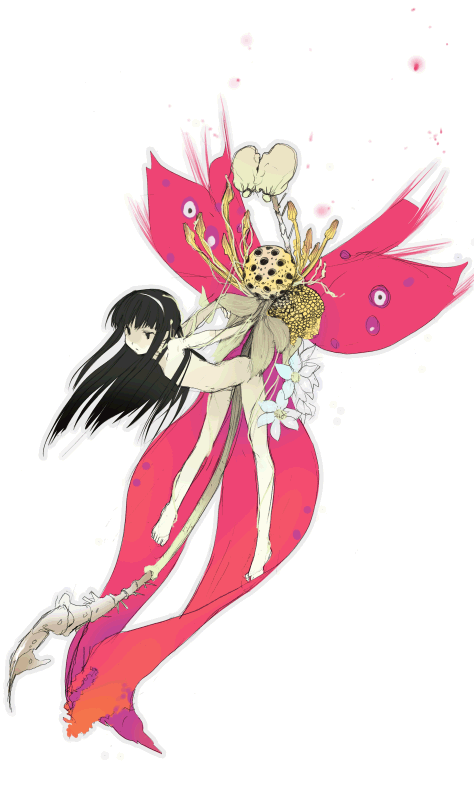 kaimuari, koga norio, ozawa satomi, narutaru, bad id, bad pixiv id, barefoot, black hair, flat chest, hairband, long hair, midriff, nude, solo, trap