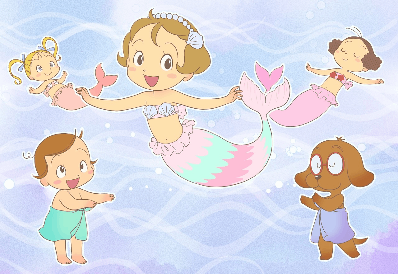 yamanokonza, susie-chan to marvy, animated, animated gif, character request, 2boys, 3girls, :3, animal, antenna hair, barefoot, bikini, black eyes, blonde hair, blue eyes, blue ribbon, blush, blush stickers, brown fur, brown hair, clam shell, closed eyes, curly hair, dancing, dog, floating, glasses, hair ornament, hair ribbon, hairband, hula, long hair, looking at another, looking at viewer, mermaid, monster girl, multiple boys, multiple girls, naked towel, navel, open mouth, pink bikini, ribbon, seashell, shell, shell bikini, shell hair ornament, short hair, smile, standing, swimming, swimsuit, topless male, towel, towel around waist, twintails, water