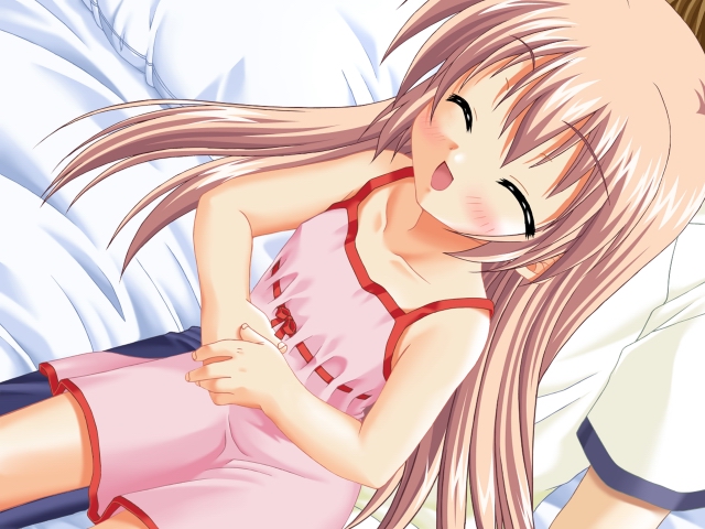 mizuki saori, hajimete no orusuban, studio ring, game cg, 1girl, closed eyes, dress, happy, loli, pink dress, smile