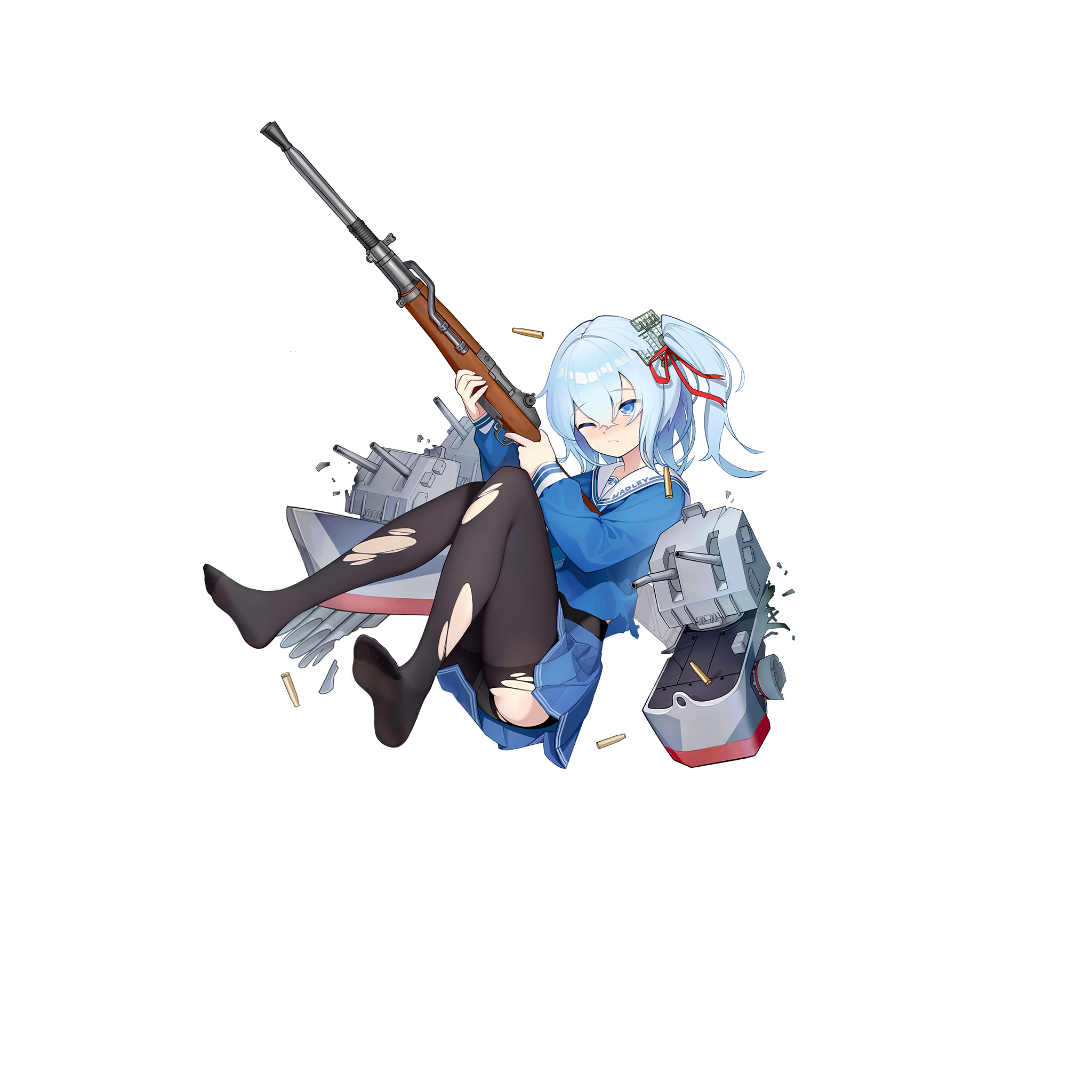 warship girls r, artist request, highres, official art, 1girl, autocannon, black pantyhose, blue eyes, blue hair, blue serafuku, blue shirt, blue skirt, blush, bofors 40 mm gun, cannon, casing ejection, closed mouth, crotch seam, finger on trigger, full body, gun, gusset, hair between eyes, hair ribbon, holding, holding gun, holding weapon, hugh w. hadley (warship girls r), long sleeves, looking at viewer, m1 garand, no shoes, one eye closed, panties, panties under pantyhose, pantyhose, red ribbon, ribbon, rifle, rigging, school uniform, serafuku, shell casing, ship turret, shirt, side ponytail, skirt, solo, torn clothes, torn pantyhose, transparent background, underwear, weapon