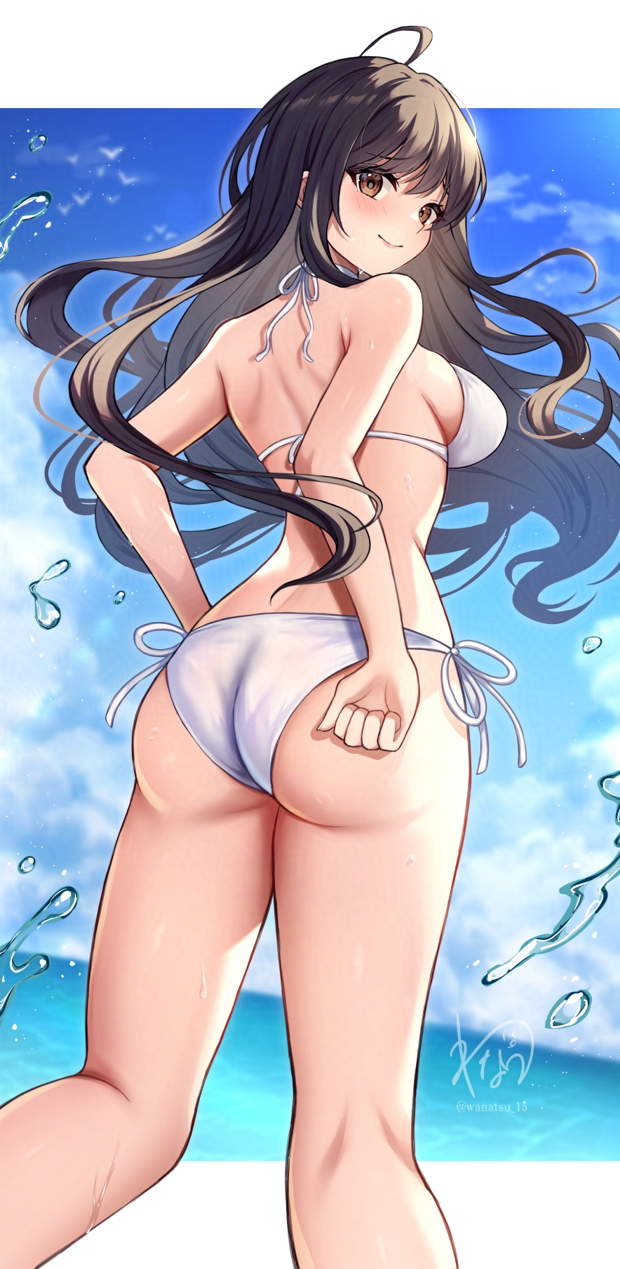 wanatsu 15, original, highres, 1girl, ass, beach, bikini, black hair, breasts, brown eyes, from behind, kneepits, large breasts, long hair, looking back, median furrow, shoulder blades, swimsuit, water, white bikini