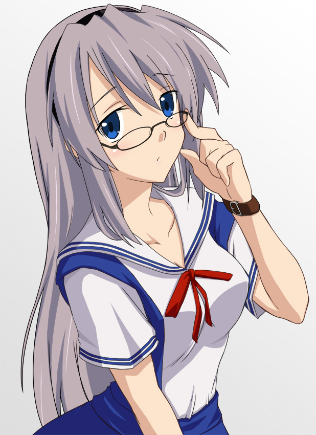ashita kara ganbaro, sakagami tomoyo, clannad, silver hair, bad id, bad pixiv id, 00s, 1girl, adjusting eyewear, blue eyes, blush, breasts, cleavage, female focus, glasses, hairband, long hair, medium breasts, school uniform, solo