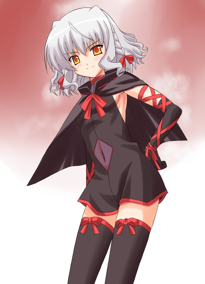 keisuke (artist), keisuke (waopd0g), bell zephyr, night wizard, silver hair, bad id, bad pixiv id, 00s, 1girl, braid, breasts, cape, dress, elbow gloves, female focus, gloves, hand on own hip, hip focus, navel, ribbon, short hair, sideboob, small breasts, solo, thighhighs, yellow eyes, zettai ryouiki