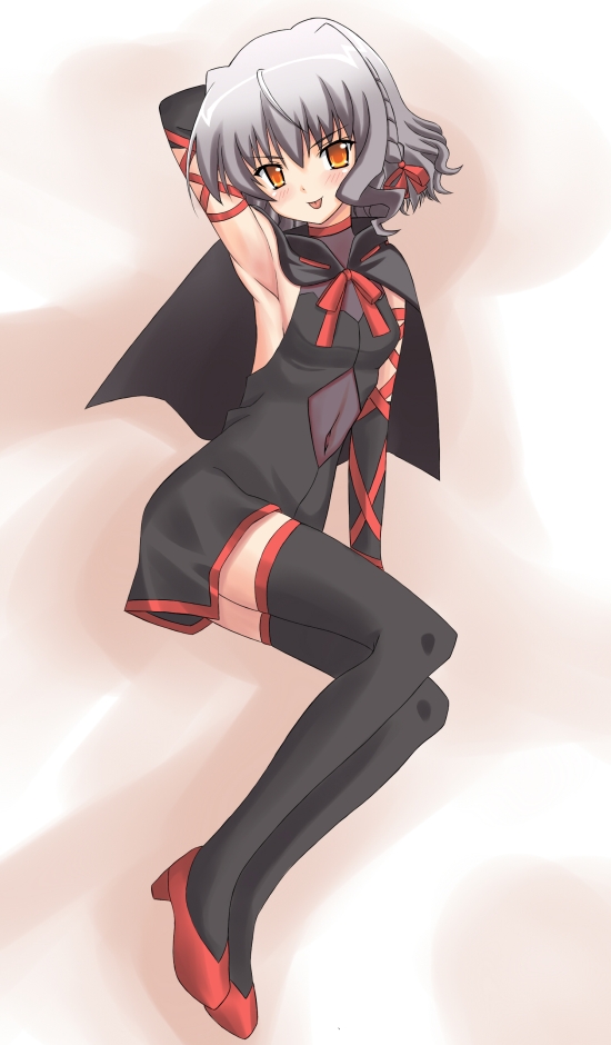 keisuke (artist), keisuke (waopd0g), bell zephyr, night wizard, silver hair, bad id, bad pixiv id, 00s, armpits, braid, cape, dress, elbow gloves, gloves, navel, ribbon, short hair, solo, thighhighs, tongue, yellow eyes, zettai ryouiki
