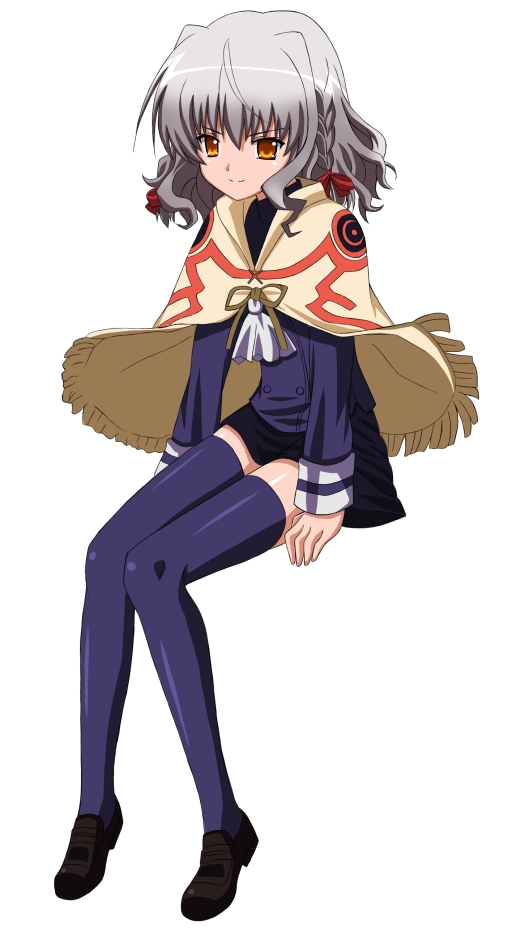 keisuke (artist), keisuke (waopd0g), bell zephyr, night wizard, silver hair, bad id, bad pixiv id, 00s, 1girl, black thighhighs, braid, female focus, fringe trim, poncho, ribbon, shawl, short hair, skirt, solo, thighhighs, yellow eyes, zettai ryouiki