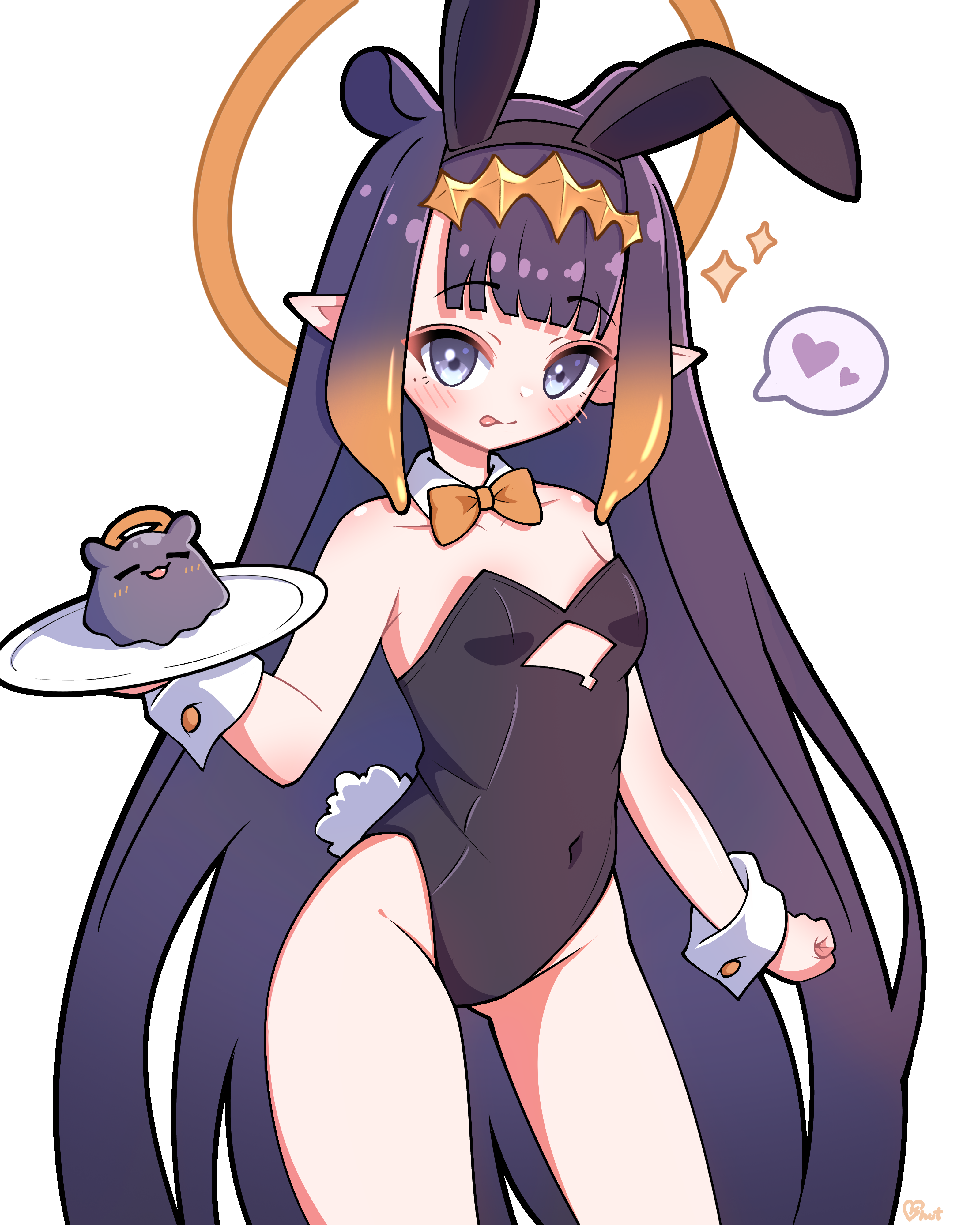 shutowl, ninomae ina'nis, hololive, hololive english, holomyth, absurdres, highres, 1girl, animal ears, black leotard, bow, bowtie, bunny day, detached collar, diamond hairband, fake animal ears, gradient hair, halo, halo behind head, leotard, multicolored hair, playboy bunny, pointy ears, purple hair, rabbit ears, rabbit tail, strapless, strapless leotard, tail, tentacle hair, thighs, virtual youtuber, wrist cuffs