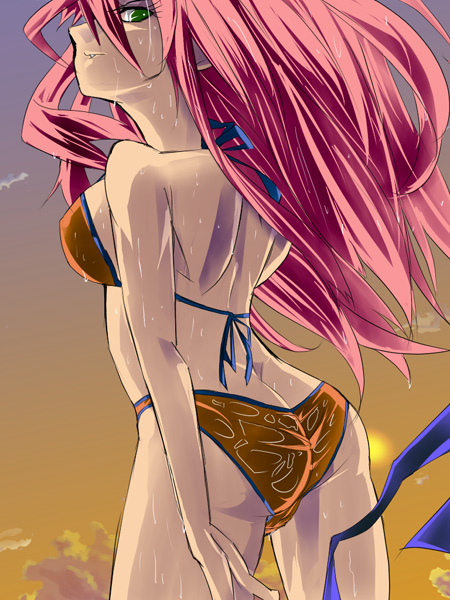 yashikoba, bad id, bad pixiv id, ass, bikini, butt crack, fang, green eyes, long hair, pink hair, solo, swimsuit, wet