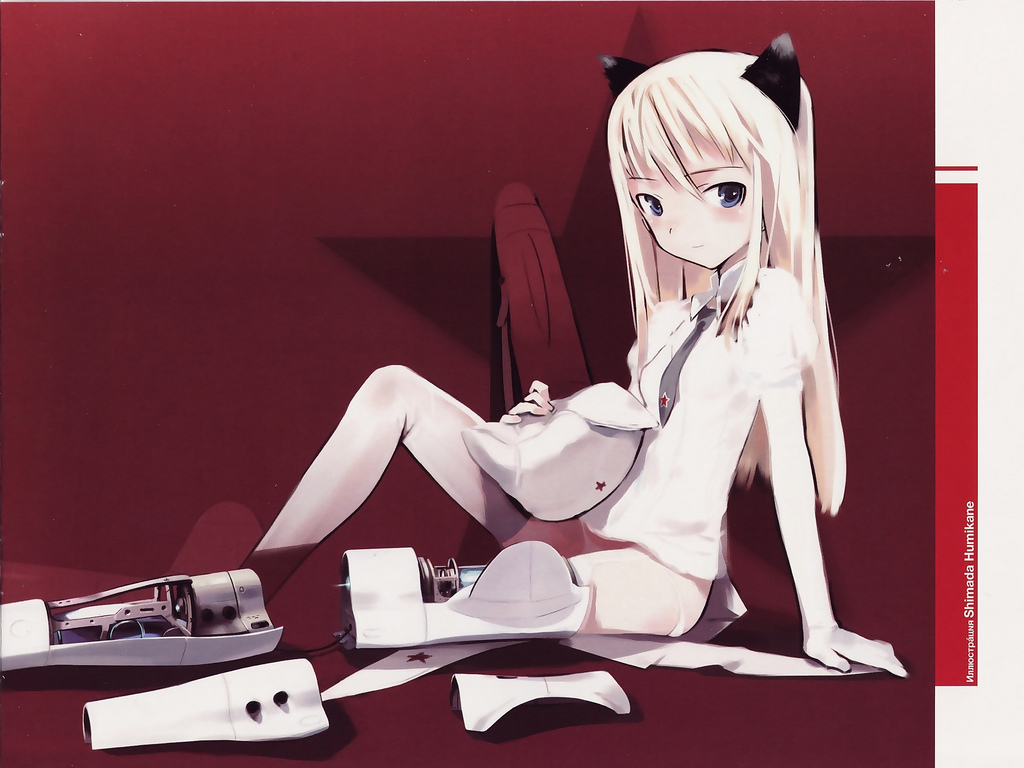 shimada fumikane, konami mecha musume, strike witches, world witches series, scan, 00s, 1girl, animal ears, arm support, artist name, blonde hair, blue eyes, female focus, kunreishiki, light smile, long hair, looking at viewer, lowleg, lowleg panties, mecha musume, necktie, panties, prosthesis, romaji text, sitting, solo, thighhighs, underwear, white panties, white thighhighs