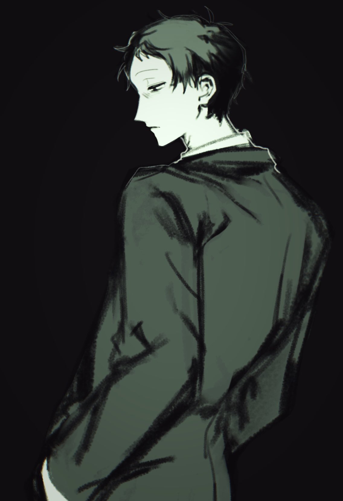 adachi tooru, persona, persona 4, highres, 1boy, black background, from side, greyscale, half-closed eyes, jacket, kamin 021, long sleeves, male focus, monochrome, parted lips, short hair, simple background, upper body
