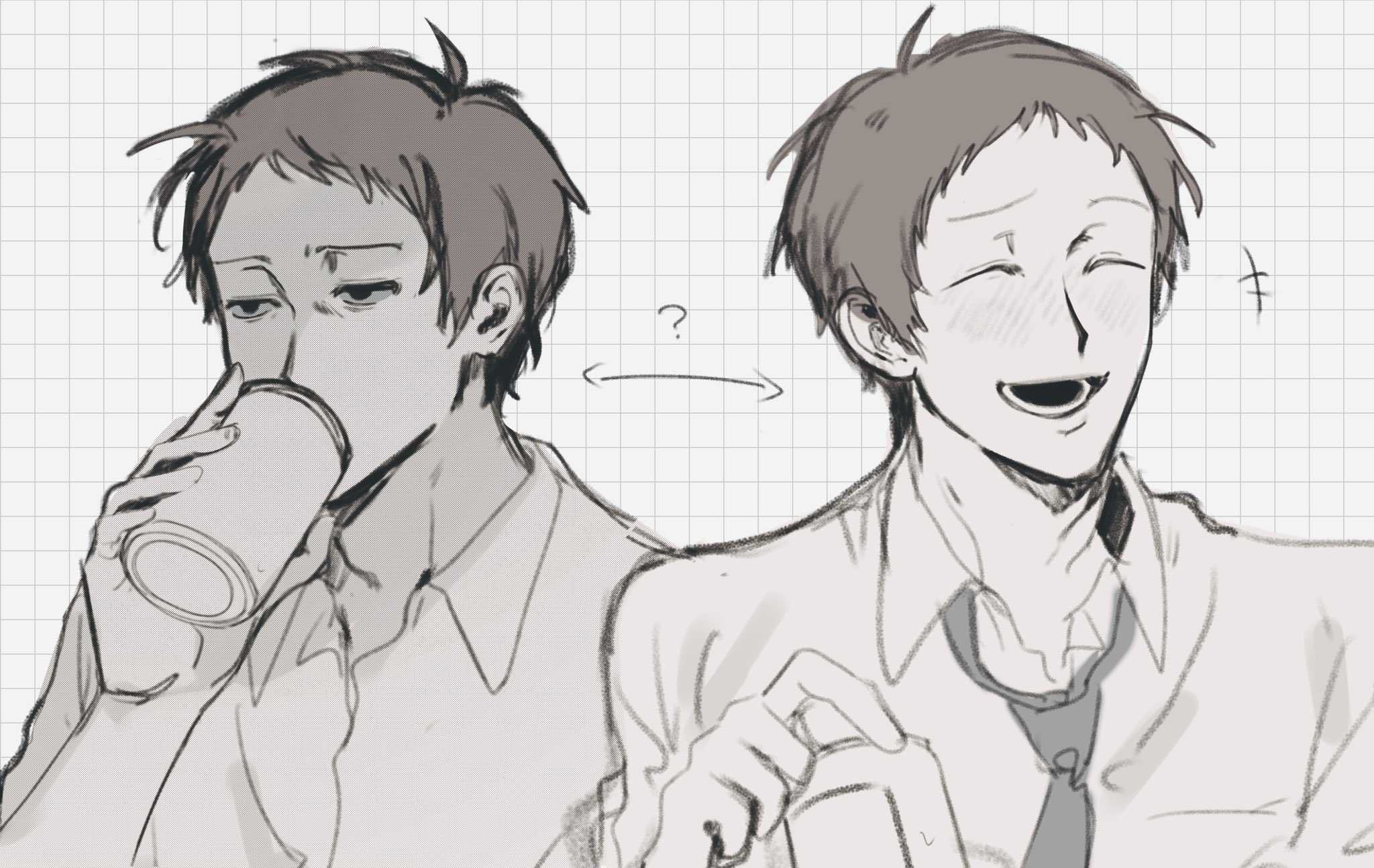 adachi tooru, persona, persona 4, highres, 1boy, ?, arrow (symbol), can, closed eyes, closed mouth, collared shirt, drink, drinking, greyscale, grid background, half-closed eyes, holding, holding can, kamin 021, male focus, monochrome, necktie, open mouth, shirt, short hair, simple background, smile, upper body, white background