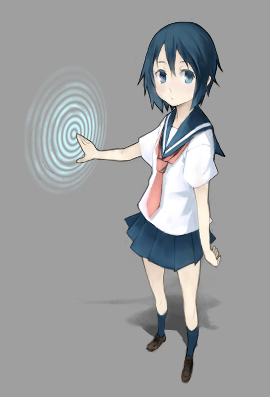 houru, original, 1girl, blue eyes, blue hair, female focus, grey background, matching hair/eyes, necktie, school uniform, serafuku, short hair, skirt, solo