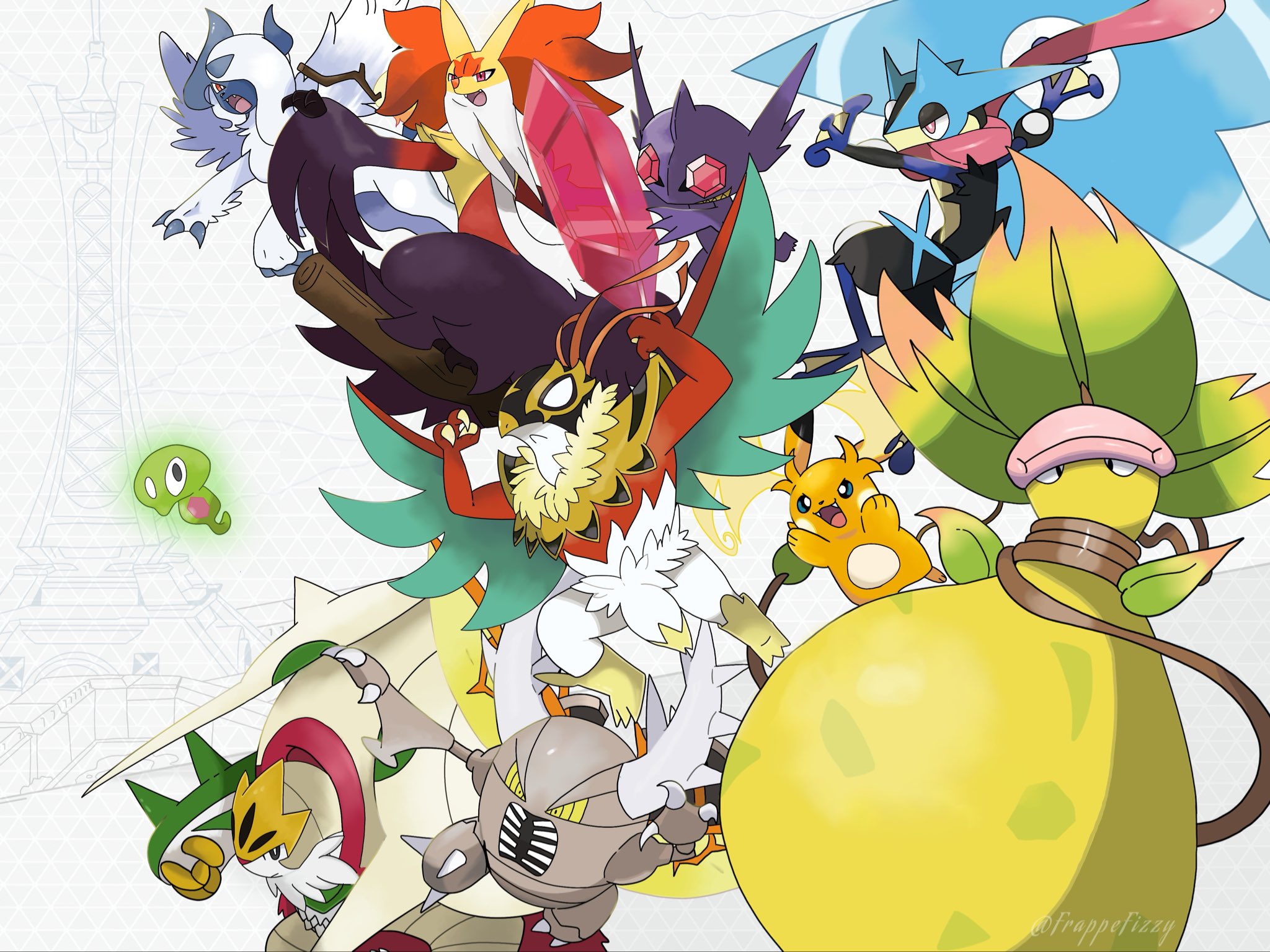 absol, chesnaught, delphox, greninja, hawlucha, mega absol, mega chesnaught, mega delphox, mega greninja, mega hawlucha, mega pinsir, mega raichu y, mega sableye, mega victreebel, pinsir, raichu, sableye, victreebel, zygarde, zygarde cell, nintendo, pokemon, highres, animal ears, animal nose, armor, asymmetrical horns, beetle, bird, black eyes, black fur, blank eyes, blue eyes, blue horns, body fur, bright pupils, broom, broom riding, bug, cape, claws, colored skin, colored teeth, fangs, feather-trimmed belt, feathered wings, forehead protector, fox, fox ears, frappefizzyy, frog, fur cape, gem, gem eyes, gen 1 pokemon, gen 3 pokemon, gen 6 pokemon, ghost, gremlin (mythology), holding, holding gem, horns, insect, insect wings, leaf, legendary pokemon, long tongue, luchador, luchador mask, mask, mega pokemon, mouse (animal), neck fur, no humans, official style, one eye covered, orange fur, orange skin, pink eyes, pink lips, plant, plant monster, pokemon (creature), pokemon focus, purple skin, red eyes, red fur, red gemstone, red nose, sharp teeth, shoulder armor, shuriken, snout, spikes, standing on weapon, teeth, tongue, tongue scarf, uneven horns, v-shaped eyes, very long tail, very long tongue, vines, weapon, webbed feet, white beard, white fur, white pupils, white wings, wing cape, wings, yellow claws, yellow eyes, yellow fur, yellow skin, yellow teeth