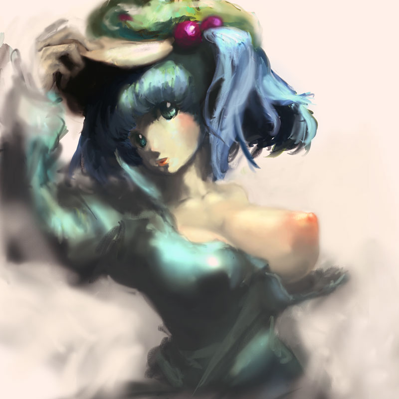 binayu, kawashiro nitori, touhou, 1girl, breasts, covered erect nipples, dress, female focus, gradient background, hair bobbles, hair ornament, hat, huge breasts, newsboy cap, nipples, solo, torn clothes, two side up