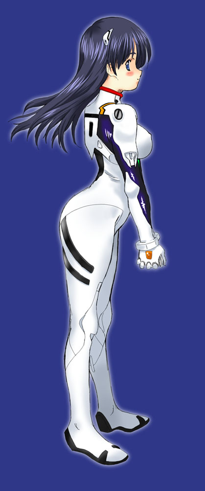 kamia (not found), ayanami rei, yukino sayuri, neon genesis evangelion, original, non-web source, 1girl, ass, ayanami rei (cosplay), black hair, blue eyes, breasts, cosplay, female focus, full body, gradient background, long hair, mecha pilot suit, own hands clasped, own hands together, plugsuit (cosplay), plugsuit (evangelion), solo