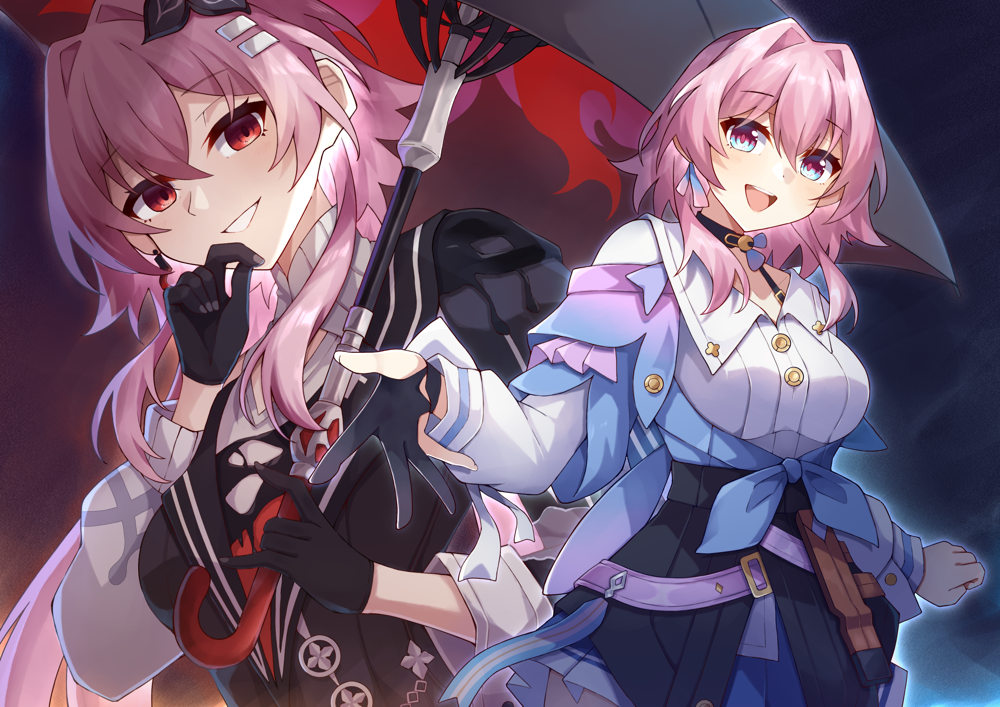 kwkunai, evernight (honkai: star rail), march 7th (honkai: star rail), march 7th (preservation) (honkai: star rail), honkai: star rail, honkai (series), absurdres, highres, 2girls, archery shooting glove, black choker, black gloves, black overskirt, blue eyes, blue jacket, blue skirt, bra strap, breasts, buttons, choker, cowboy shot, dual persona, earrings, flower, gloves, gradient clothes, gradient jacket, hair flower, hair intakes, hair ornament, hairclip, holding, holding umbrella, jacket, jewelry, long sleeves, looking at viewer, medium breasts, miniskirt, multicolored eyes, multiple girls, off-shoulder jacket, off shoulder, official alternate costume, official alternate design, official alternate eye color, official alternate hair length, official alternate hairstyle, open hand, open mouth, partially fingerless gloves, pink eyes, pink hair, pink jacket, pink pupils, pleated skirt, reaching, reaching towards viewer, red eyes, shirt, single earring, single glove, skirt, smile, tied jacket, two-tone eyes, umbrella, underbust, white shirt