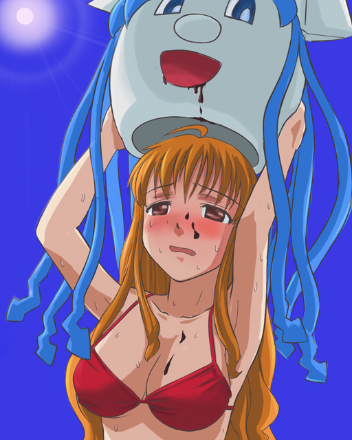 kurai (cry), kurai (pixiv), ikamusume, tokita ayumi, shinryaku! ikamusume, 1girl, arms up, bikini, blush, breasts, brown hair, cleavage, female focus, hot, mask, solo, sun, sweat, swimsuit