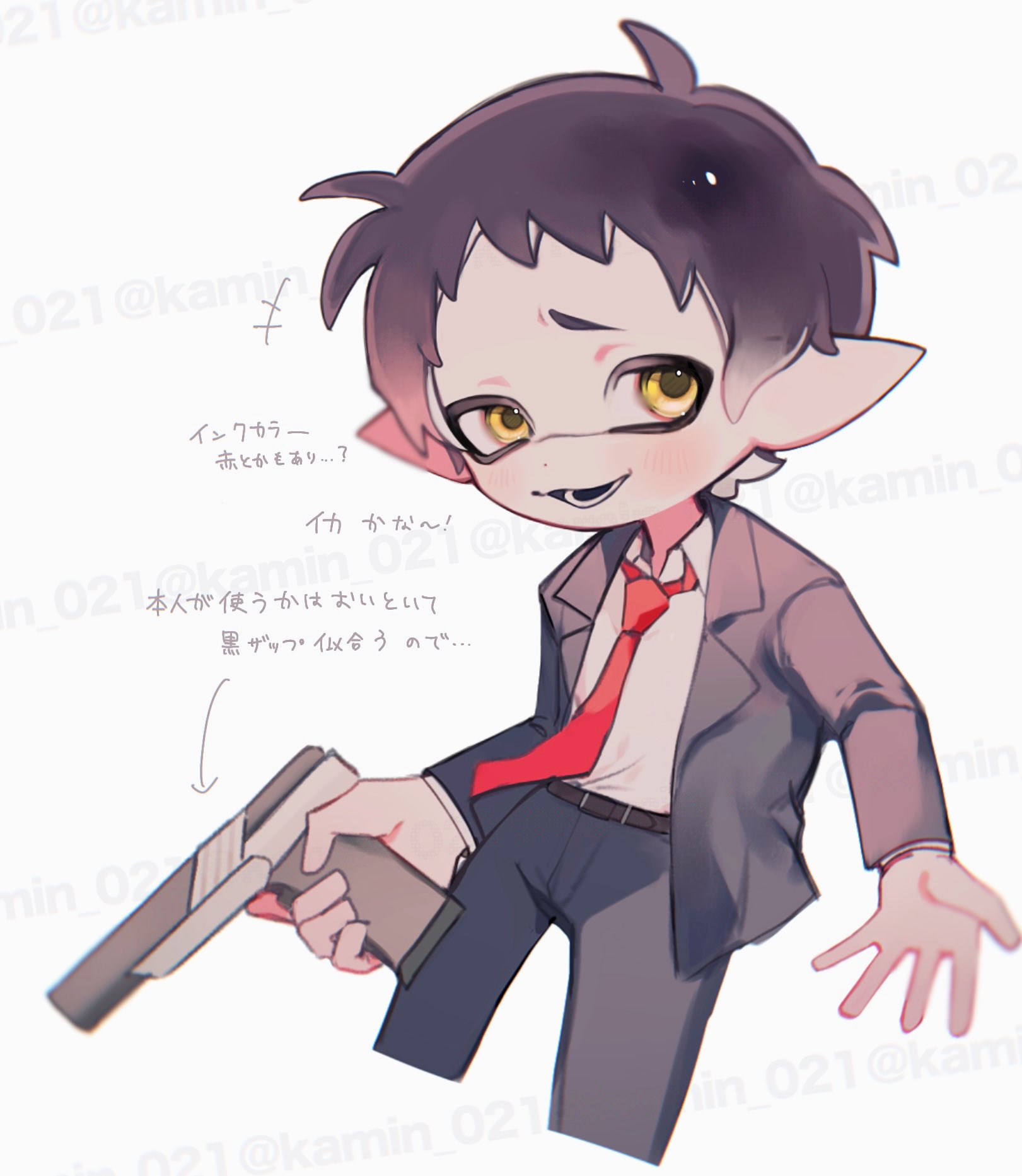 adachi tooru, nintendo, persona, persona 4, splatoon (series), commentary request, highres, translation request, 1boy, alternate species, black jacket, black pants, brown hair, collared shirt, cropped legs, formal clothes, gun, handgun, holding, holding gun, holding weapon, inkling, jacket, kamin 021, long sleeves, looking to the side, male focus, necktie, open mouth, pants, pointy ears, red necktie, shirt, short hair, simple background, smile, solo, splatoonification, suit, twitter username, weapon, white background, white shirt, yellow eyes