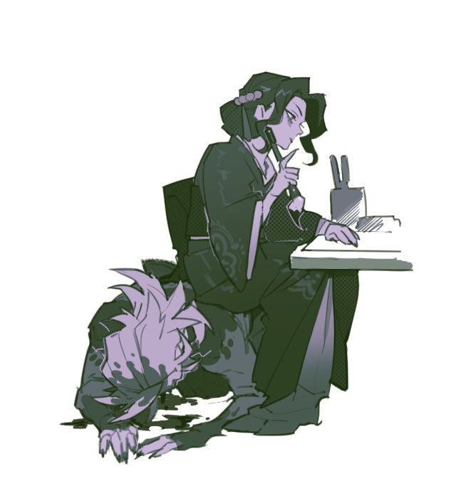 douma (kimetsu no yaiba), kibutsuji muzan, kibutsuji muzan (female), kimetsu no yaiba, 1boy, 1girl, all fours, black hair, blonde hair, boosk 01, calligraphy brush, fingernails, full body, head down, holding, holding calligraphy brush, holding paintbrush, japanese clothes, long fingernails, long hair, paintbrush, parted bangs, sitting, sitting on person, updo, wavy hair, white background