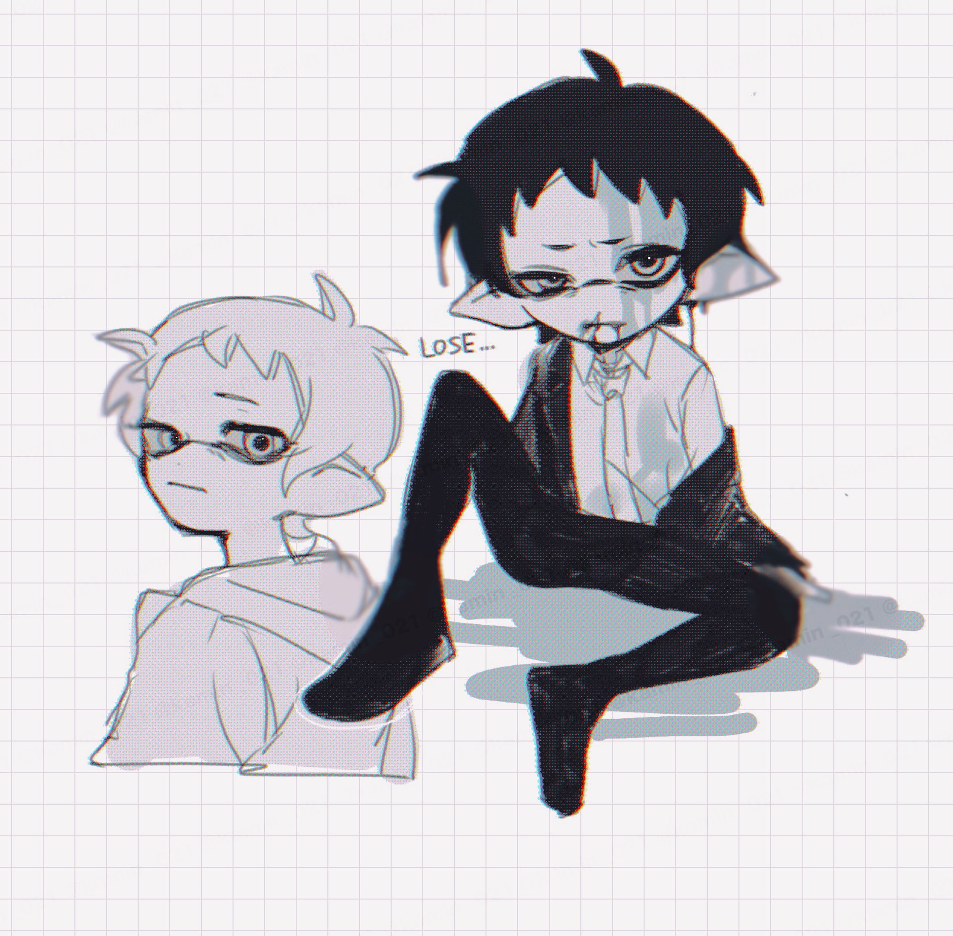 adachi tooru, nintendo, persona, persona 4, splatoon (series), commentary request, highres, 1boy, alternate species, chromatic aberration, closed mouth, collared shirt, english text, formal clothes, full body, greyscale, grid background, inkling, jacket, kamin 021, knee up, looking at viewer, male focus, monochrome, multiple views, necktie, pants, pointy ears, shirt, short hair, simple background, sitting, splatoonification, standing, suit, twitter username, upper body, white background, white shirt