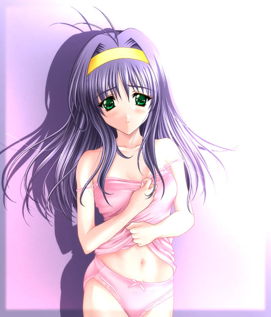 non-web source, camisole, green eyes, hairband, long hair, panties, purple hair, solo, underwear