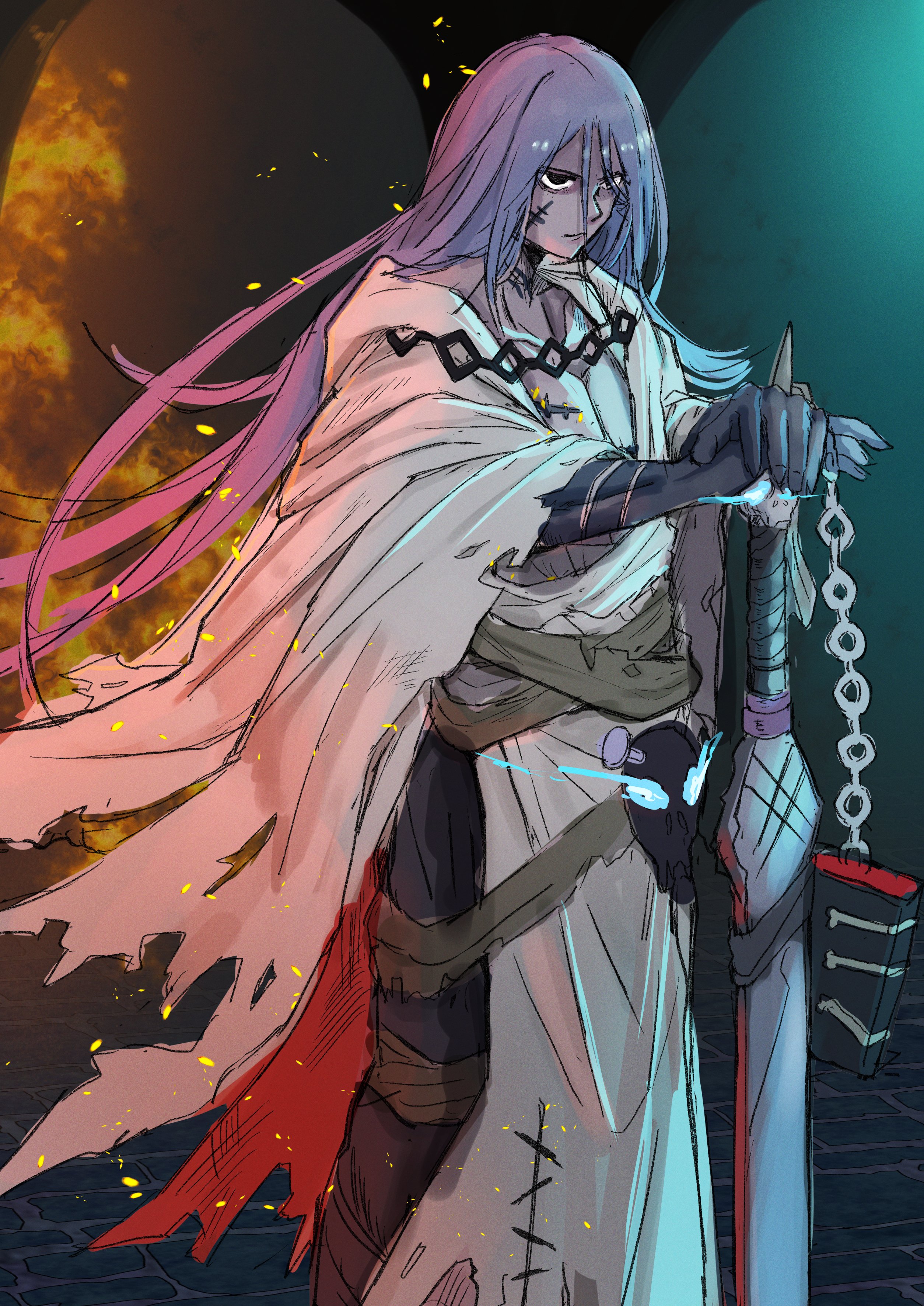 fate/grand order, fate (series), absurdres, commentary request, highres, 1boy, azrael (grand assassin) (fate), black eyes, cape, chain, closed mouth, dark-skinned male, dark skin, hair between eyes, holding, holding sword, holding weapon, long hair, male focus, notonaon, purple hair, solo, sword, torn cape, torn clothes, very long hair, weapon, white cape