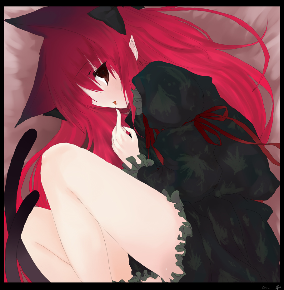 suzume miku, kaenbyou rin, touhou, bad id, bad pixiv id, 1girl, alternate hairstyle, female focus, legs, long hair, lying, solo