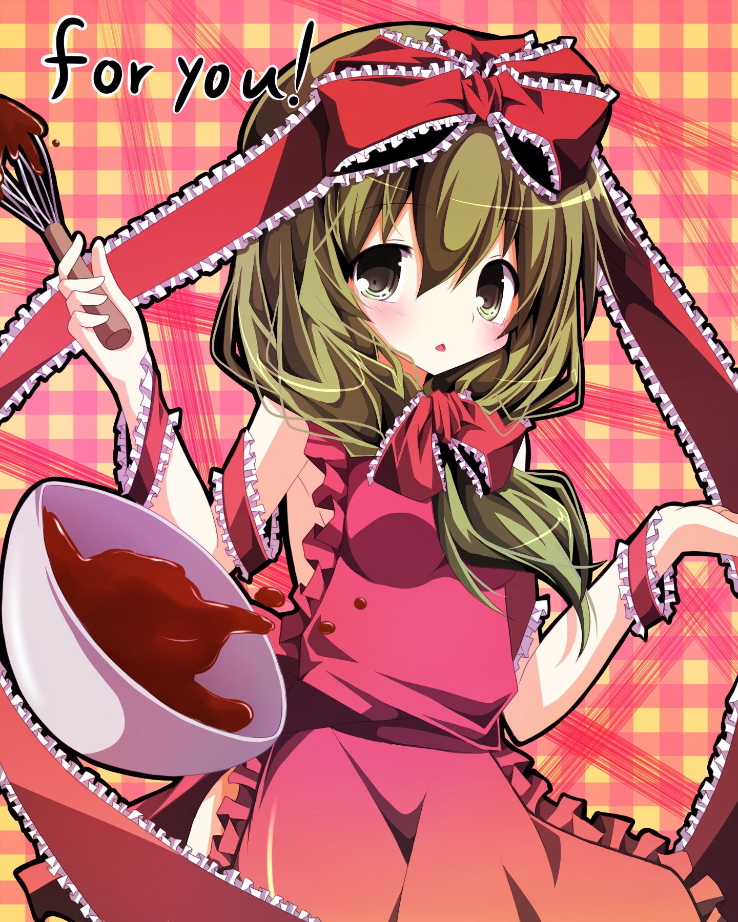 chiruku, kagiyama hina, touhou, bad id, bad pixiv id, highres, 1girl, apron, blush, chocolate, chocolate making, english text, female focus, front ponytail, long hair, mixing bowl, solo, whisk