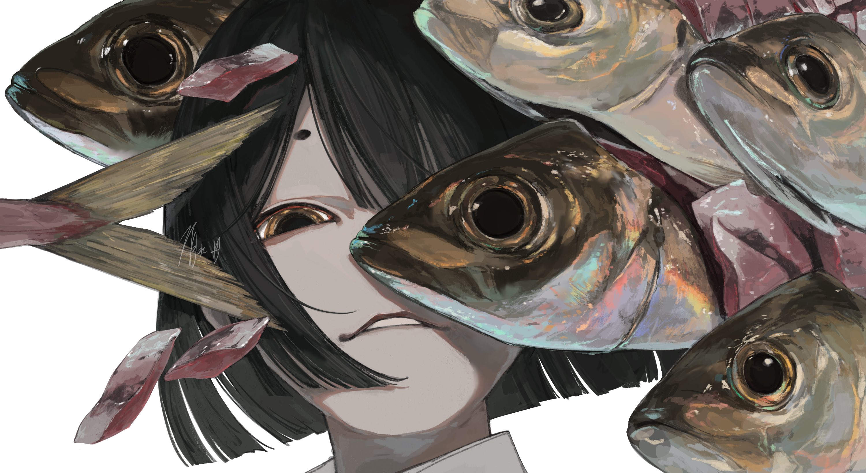 shimizu en (shimizuen3310), original, highres, 1girl, black hair, brown eyes, fish, looking at viewer, medium hair, short eyebrows, signature, solo, white background