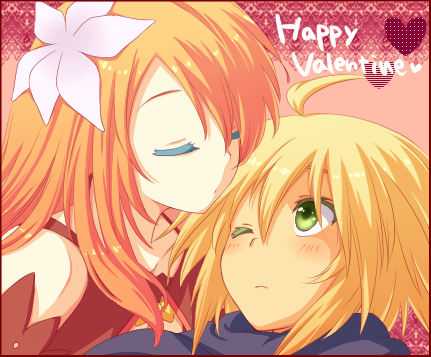daybreak, emil castagnier, marta lualdi, tales of (series), tales of symphonia, tales of symphonia: dawn of the new world, lowres, 00s, 1boy, 1girl, ahoge, blonde hair, brown hair, couple, flower, green eyes, hair ornament, happy valentine, hetero, kiss, long hair, valentine