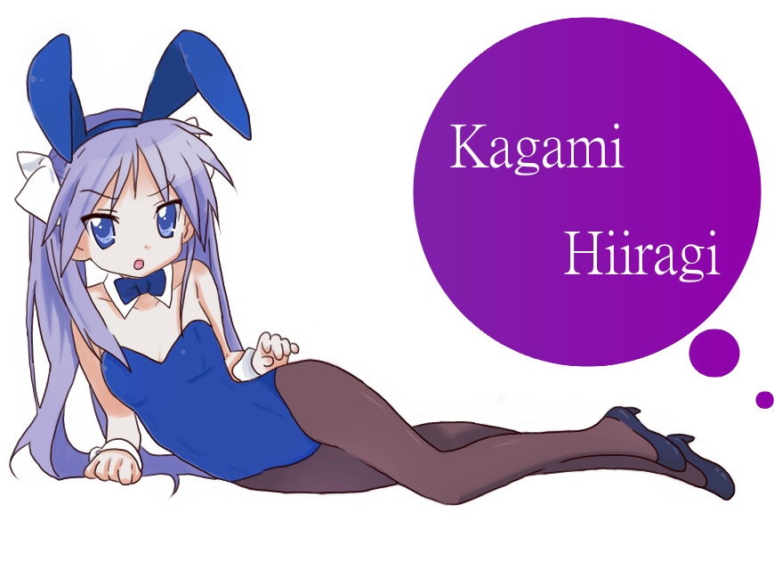 asato nito, hiiragi kagami, lucky star, suzumiya haruhi no yuuutsu, bad id, bad pixiv id, animal ears, blue eyes, fake animal ears, long hair, lying, on side, pantyhose, parody, playboy bunny, purple hair, rabbit ears, solo, twintails