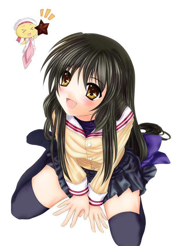 prinz luzifer, ibuki fuuko, nonaka ai, shishidou imoko, clannad, sora wo kakeru shoujo, black legwear, bad id, bad pixiv id, 00s, black hair, brown eyes, crossover, fairy, long hair, school uniform, starfish, thighhighs, voice actor connection