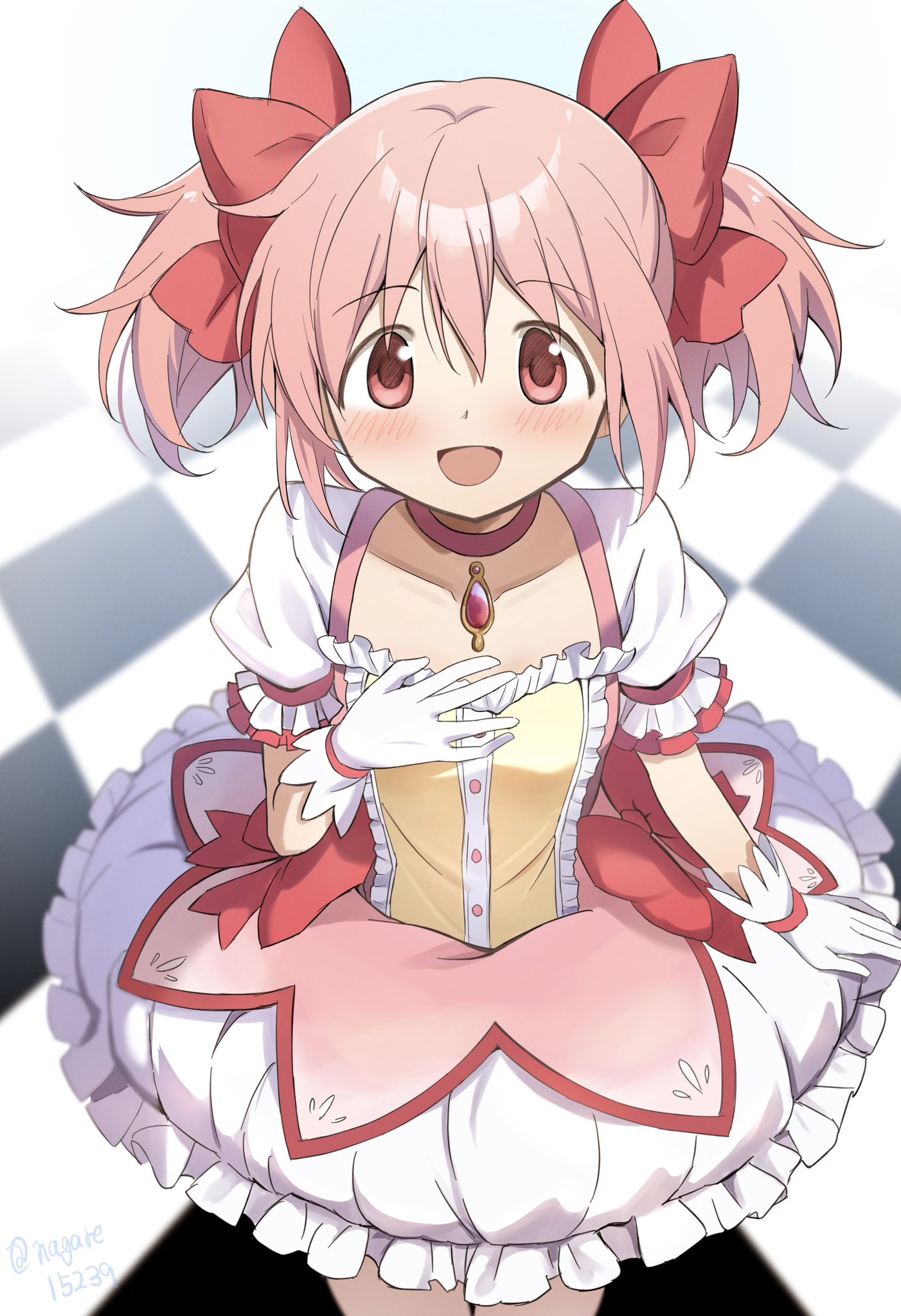 nagare (flow), kaname madoka, kaname madoka (magical girl), mahou shoujo madoka magica, mahou shoujo madoka magica (anime), commentary request, highres, 1girl, arm at side, blush, bow, breasts, bubble skirt, checkered background, chest jewel, choker, frilled skirt, frills, gem, gloves, hair bow, hand on own chest, looking at viewer, open mouth, pink bow, pink choker, pink eyes, pink gemstone, pink hair, puffy short sleeves, puffy sleeves, short hair, short sleeves, short twintails, skirt, small breasts, smile, solo, soul gem, twintails, white gloves, white sleeves