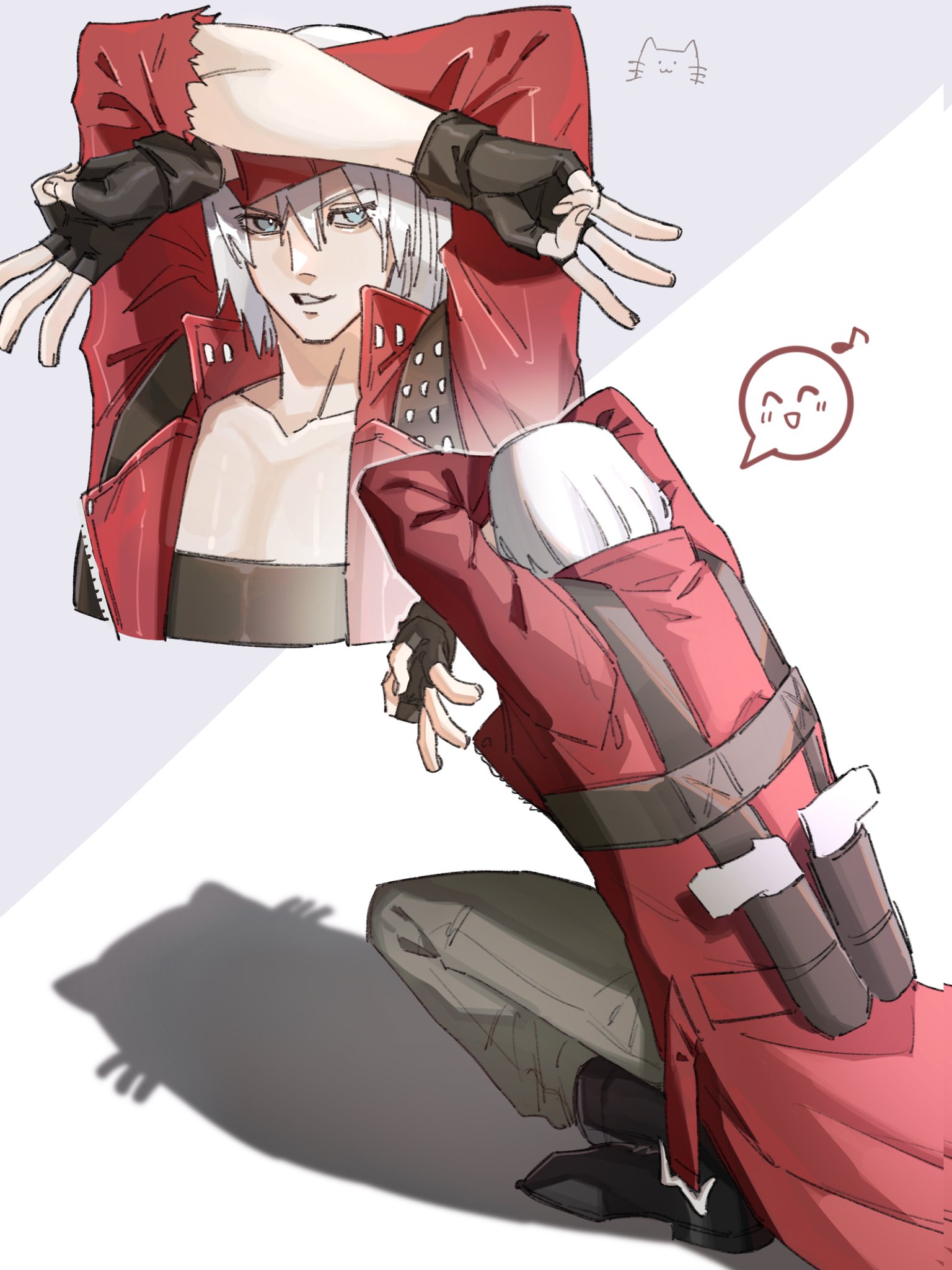 dante (devil may cry), devil may cry, devil may cry (series), devil may cry 3, derivative work, highres, 1boy, black boots, black gloves, blue eyes, boots, cat, cat shadow puppet (meme), chest strap, coat, crossed arms, fingerless gloves, full body, gloves, grey pants, hair between eyes, long coat, male focus, meme, multiple views, musical note, pants, parted lips, red coat, short hair, smile, solo, squatting, torn sleeve, upper body, white hair, yu 0716