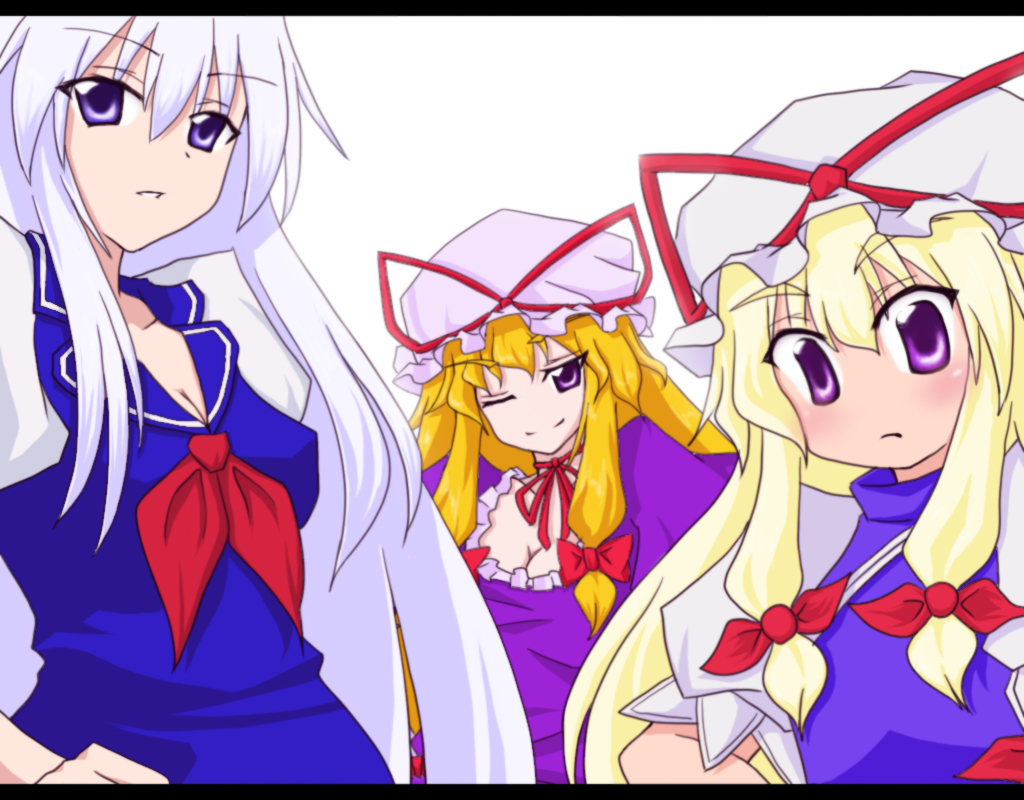 netachou, kamishirasawa keine, yakumo yukari, touhou, silver hair, 3girls, blonde hair, blue eyes, breasts, dress, female focus, hair ribbon, hat, hat ribbon, if they mated, letterboxed, multiple girls, one eye closed, purple eyes, ribbon, simple background, upper body, white background, wink