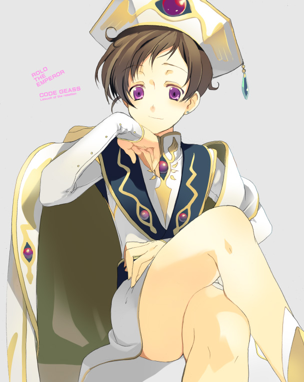 kaimuari, rolo lamperouge, code geass, bad id, bad pixiv id, 00s, 1boy, brown hair, earrings, emperor suit, hat, jewelry, male focus, purple eyes, simple background, smile, solo, yandere