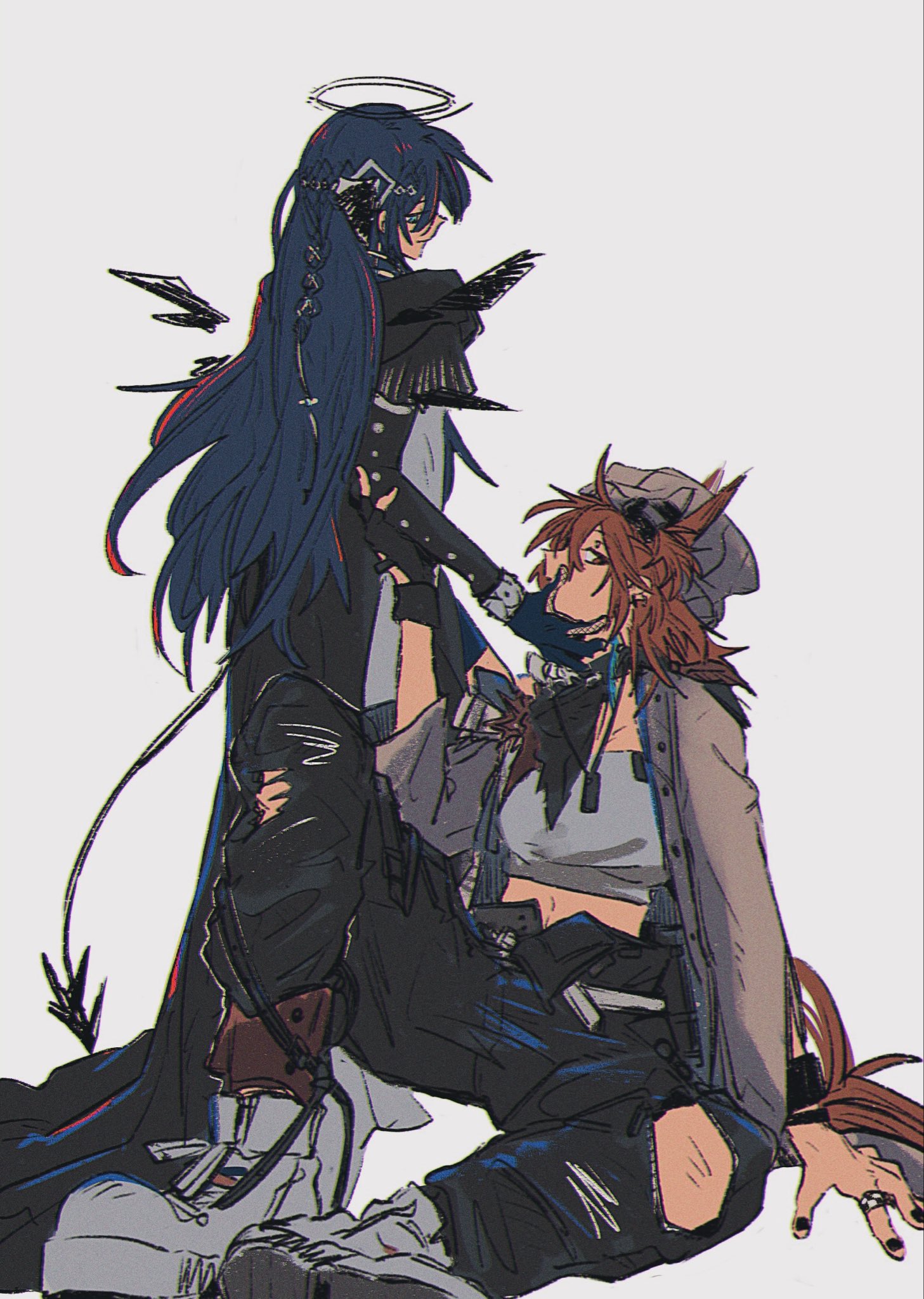 ronsudsud, fiammetta (ambience synesthesia) (arknights), fiammetta (arknights), mostima (arknights), mostima (ethereal harmony) (arknights), ambience synesthesia, arknights, commentary, highres, symbol-only commentary, 2girls, ankle boots, aqua eyes, arm support, asymmetrical gloves, bandana, bandana around neck, beanie, black bandana, black dress, black gloves, black horns, black pants, blue gloves, boots, bracelet, demon horns, demon tail, dress, energy wings, feather hair, fingerless gloves, full body, gloves, grey hat, grey jacket, hair between eyes, halo, hand on another's face, hat, holding another's arm, horns, invisible floor, jacket, jewelry, knee up, long hair, long sleeves, looking at another, looking at viewer, midriff, mismatched gloves, multiple girls, open clothes, open jacket, pants, ring, short hair, sidelocks, simple background, sitting, standing, strapless, tail, torn clothes, torn pants, train (clothing), tube top, very long hair, white background, white boots, white tube top, yuri